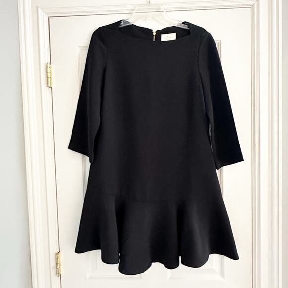 Kate Spade Black Crepe Flounce Dress Solid Size 8 Bateau Boat Neck Mini Elegant - Picture 13 of 15